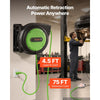 VEVOR Retractable Extension Cord Reel 75FT Heavy Duty 14AWG/3C SJTOW Green, for Ceiling/Wall Mount, 13A Circuit Breaker, Automatic Retractable Power Cord, Lighted Triple Tap, with 180° Swivel Bracket