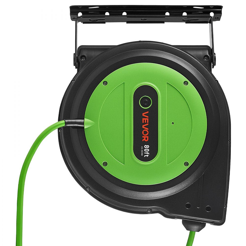 VEVOR Retractable Extension Cord Reel 80FT Heavy Duty 12AWG/3C SJTOW Green, for Ceiling/Wall Mount, 15A Circuit Breaker, Automatic Retractable Power Cord, Lighted Triple Tap, with 180° Swivel Bracket