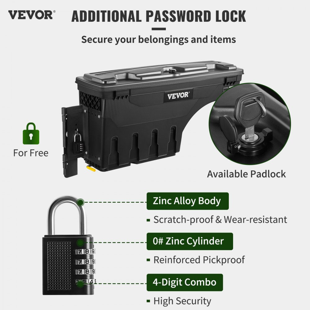 VEVOR Truck Bed Storage Box, Lockable Lid, Waterproof ABS Wheel Well Tool Box 6.6 Gal/20 L with Password Padlock, Compatible with Tundra 2007-2021, Driver Side, Black