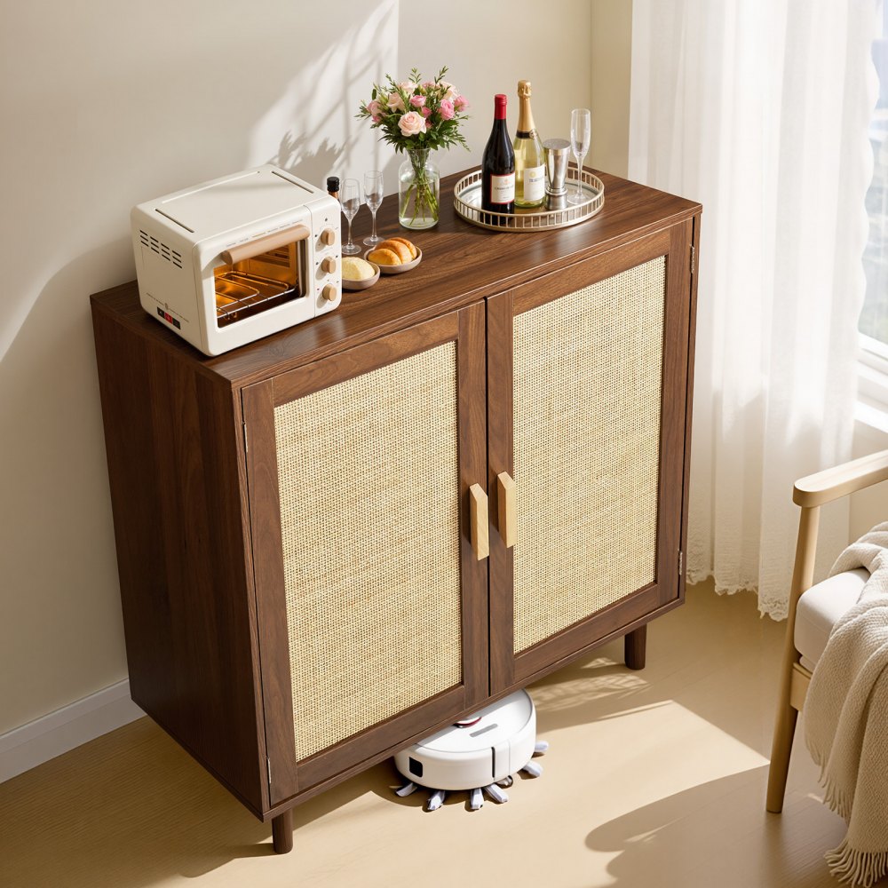 VEVOR Rattan Cabinet, Rattan Storage Cabinet with 2 Magnetic Doors and Adjustable Shelves, Accent Sideboard Buffet with Wooden Legs & Power Cord Hole for Hallway, Entryway, Living Room, Kitchen, Khaki