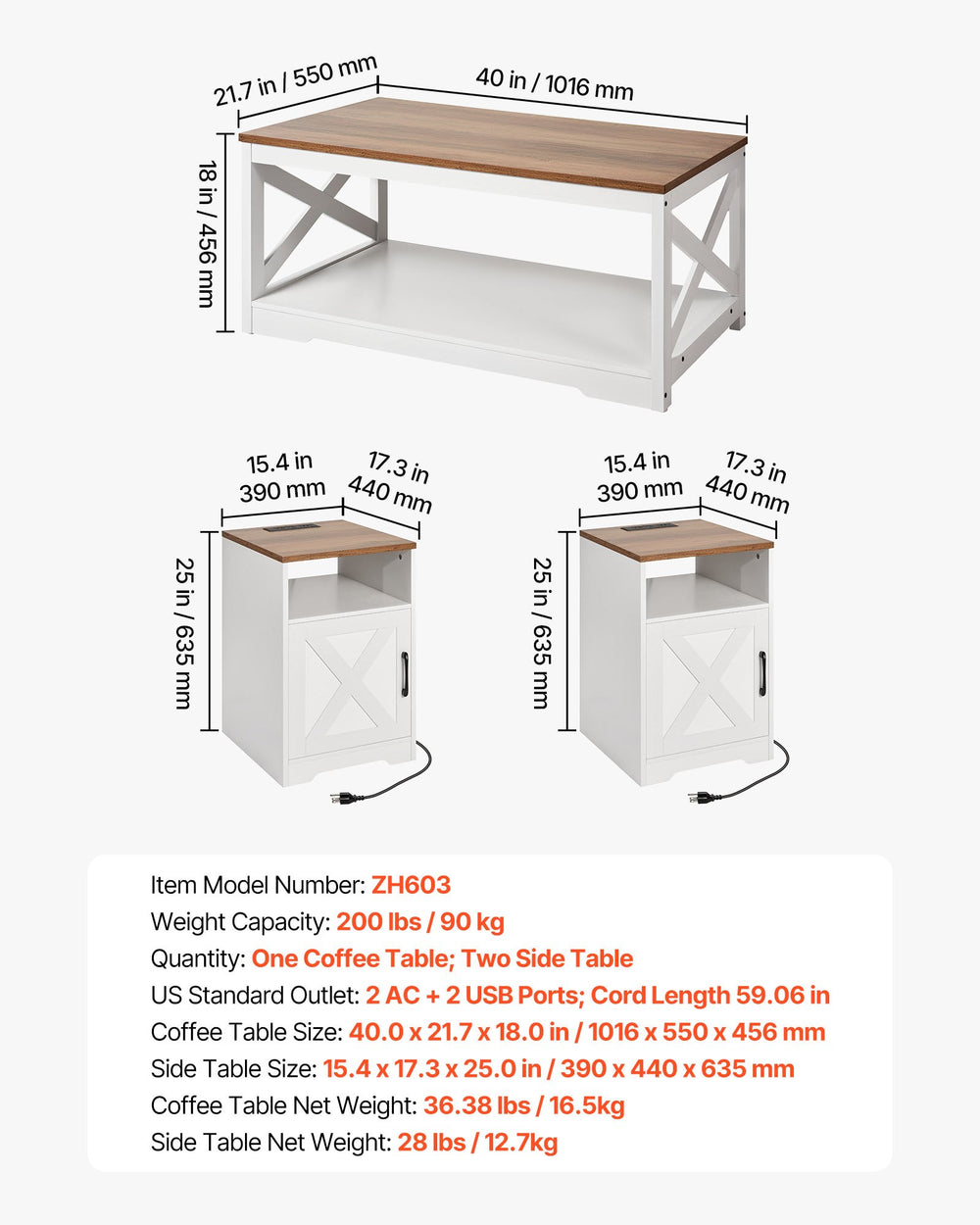 VEVOR 3 Pieces Farmhouse Coffee Table Sets, 40 in Industrial Coffee Table with 2 End Side Tables, Easy Assembly Coffee and End Tables Sets with Charging Station, for Office, Living Room & Apartment