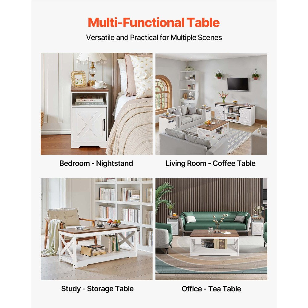 VEVOR 4 Pieces Farmhouse Coffee Table Sets, 40 in Coffee Table with 2 End Tables and 66 in TV Stand, Easy Assembly Living Room Tables Sets with Charging Station, for Office, Living Room & Apartment