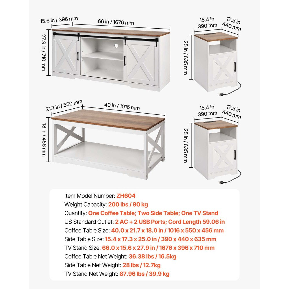 VEVOR 4 Pieces Farmhouse Coffee Table Sets, 40 in Coffee Table with 2 End Tables and 66 in TV Stand, Easy Assembly Living Room Tables Sets with Charging Station, for Office, Living Room & Apartment
