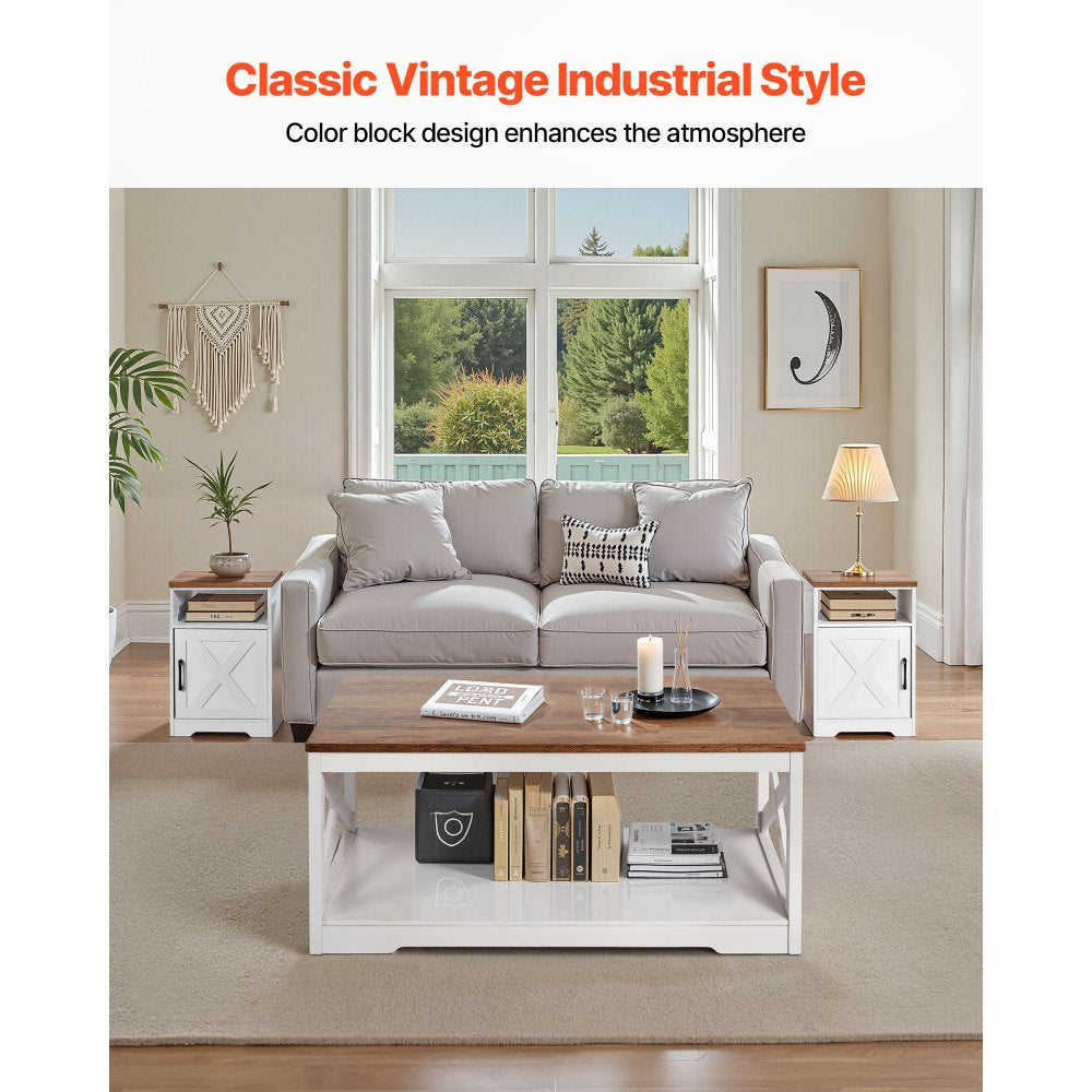 VEVOR 3 Pieces Farmhouse Coffee Table Sets, 40 in Industrial Coffee Table with 2 End Side Tables, Easy Assembly Coffee and End Tables Sets with Charging Station, for Office, Living Room & Apartment
