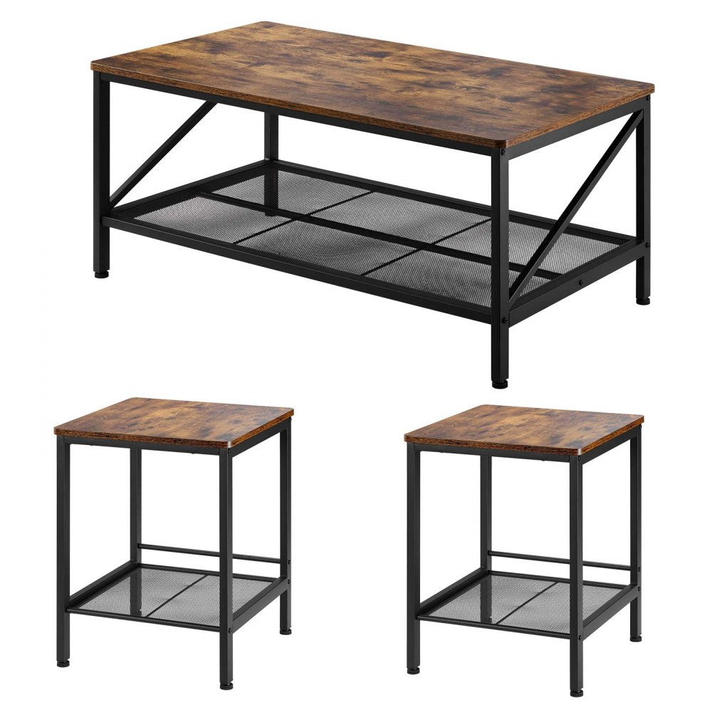 VEVOR 3 Pieces Living Room Table Sets, 41.3 in Industrial Coffee Table with 2 Square End Side Tables, Easy Assembly Coffee and End Tables Sets with Metal Legs, for Office, Living Room & Apartment