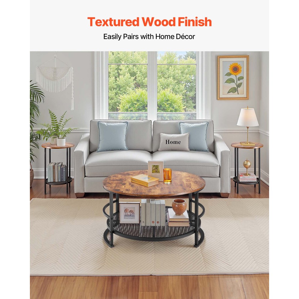 VEVOR 3 Pieces Round Coffee Table Sets, 31.5 in Industrial Living Room Table with 2 End Side Tables, Easy Assembly Coffee and End Tables Sets with Metal Legs, for Office, Living Room and Apartment