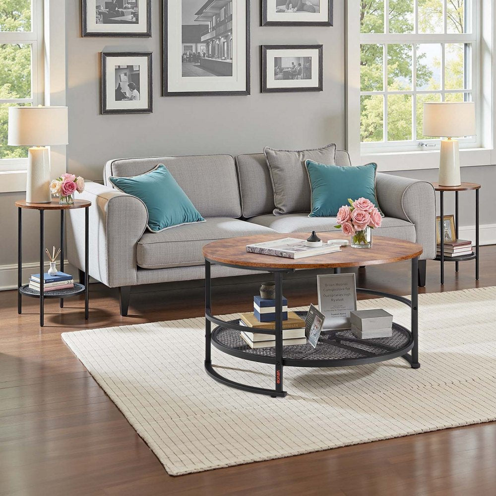 VEVOR 3 Pieces Round Coffee Table Sets, 31.5 in Industrial Living Room Table with 2 End Side Tables, Easy Assembly Coffee and End Tables Sets with Metal Legs, for Office, Living Room and Apartment