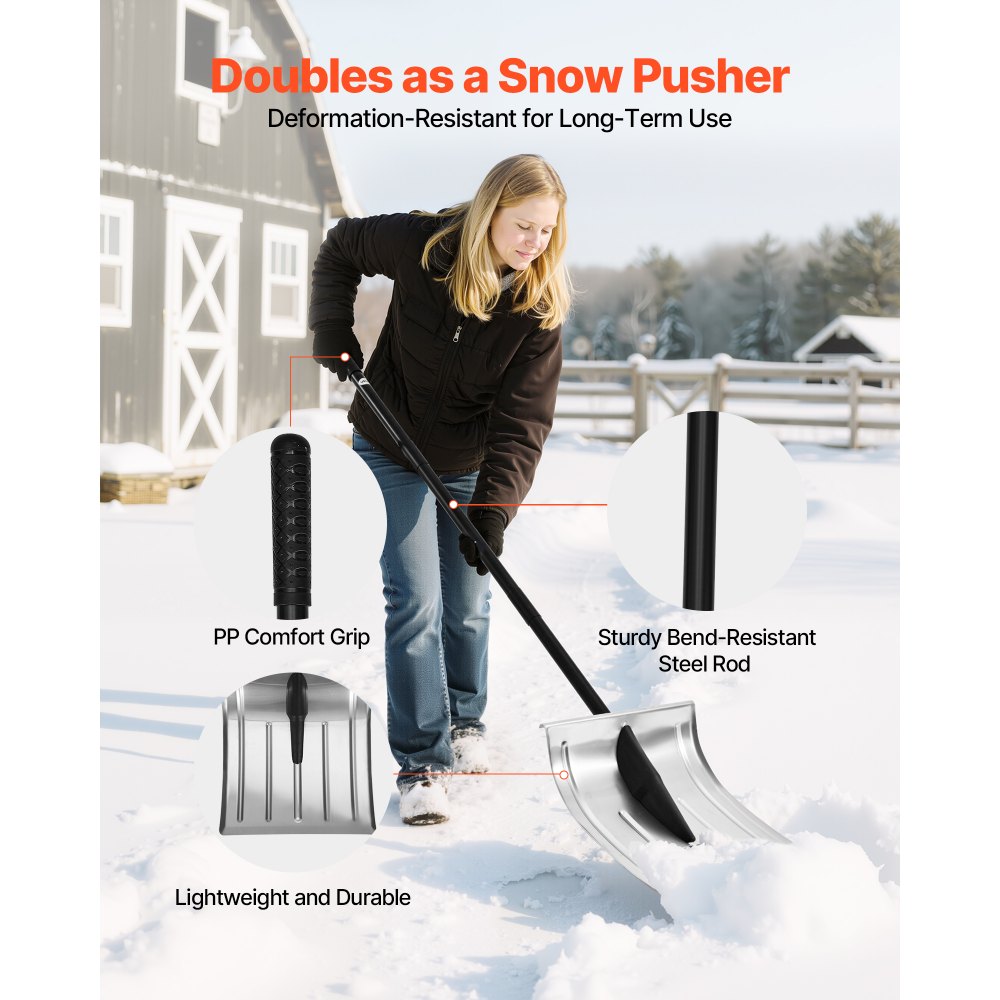 VEVOR Snow Shovel for Driveway, 16 in Wide Aluminum Alloy Snow Shovel, Non Slip Grip, Large Capacity Snowplow Shovels, Detachable & Lightweight Snows Removal Tool for Garden Car Camping Outdoors