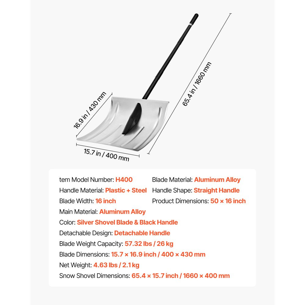 VEVOR Snow Shovel for Driveway, 16 in Wide Aluminum Alloy Snow Shovel, Non Slip Grip, Large Capacity Snowplow Shovels, Detachable & Lightweight Snows Removal Tool for Garden Car Camping Outdoors