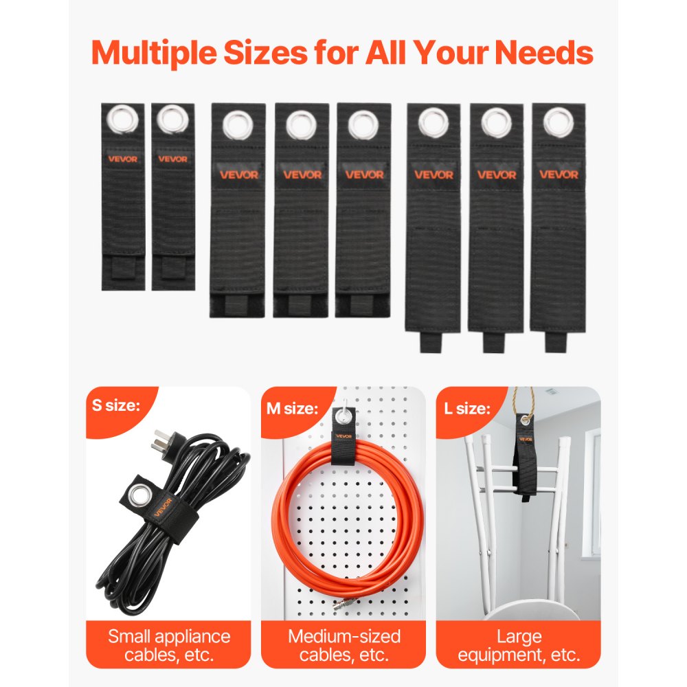 VEVOR Extension Cord Straps, 8-Pack Cable Holder Organizer, Heavy-Duty Extension Cord Hanger for Garage Organization and Storage, 52.9lbs Weight Capacity Storage Strap, Stocking Stuffer for Dad & Mom