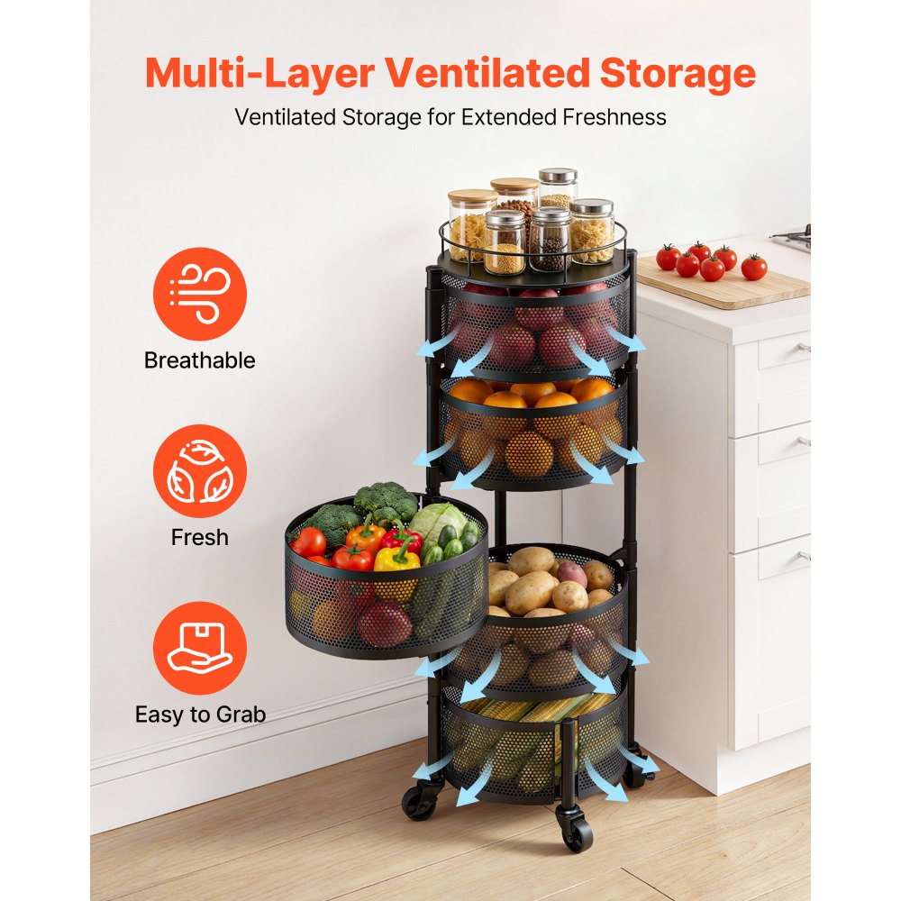 VEVOR Rotating Storage Rack Cart, 5 Tier Fruit and Vegetable Basket Bowls, Heavy Duty Wire Basket Organizer on Wheels, Large Capacity Stand with Metal Top Lid, for Kitchen Bathroom Nursery, Black