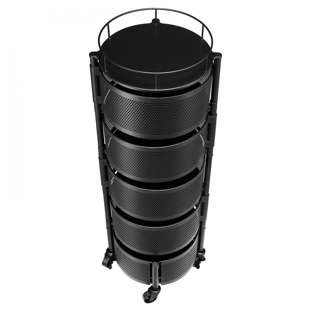 VEVOR Rotating Storage Rack Cart, 5 Tier Fruit and Vegetable Basket Bowls, Heavy Duty Wire Basket Organizer on Wheels, Large Capacity Stand with Metal Top Lid, for Kitchen Bathroom Nursery, Black