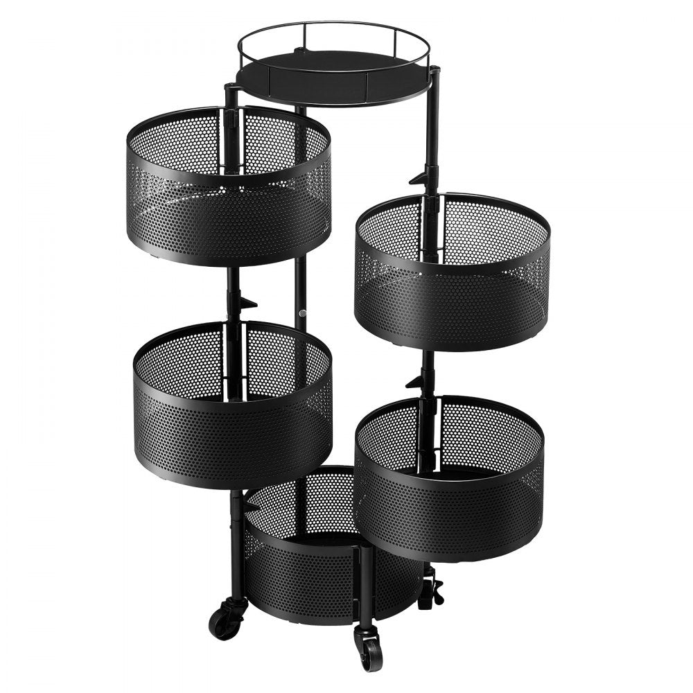 VEVOR Rotating Storage Rack Cart, 5 Tier Fruit and Vegetable Basket Bowls, Heavy Duty Wire Basket Organizer on Wheels, Large Capacity Stand with Metal Top Lid, for Kitchen Bathroom Nursery, Black
