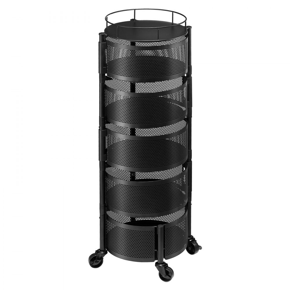 VEVOR Rotating Storage Rack Cart, 5 Tier Fruit and Vegetable Basket Bowls, Heavy Duty Wire Basket Organizer on Wheels, Large Capacity Stand with Metal Top Lid, for Kitchen Bathroom Nursery, Black