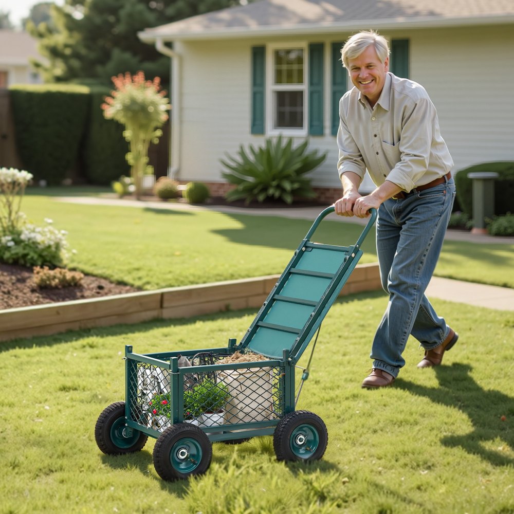 VEVOR Rolling Garden Cart with Seat, Metal Rolling Garden Work Seat with Wheels, Supports up to 400 LBS, Heavy Duty Gardening Cart Scooter, Outdoor Wagon & Stool on Wheels for Lawn, Patio, Backyard