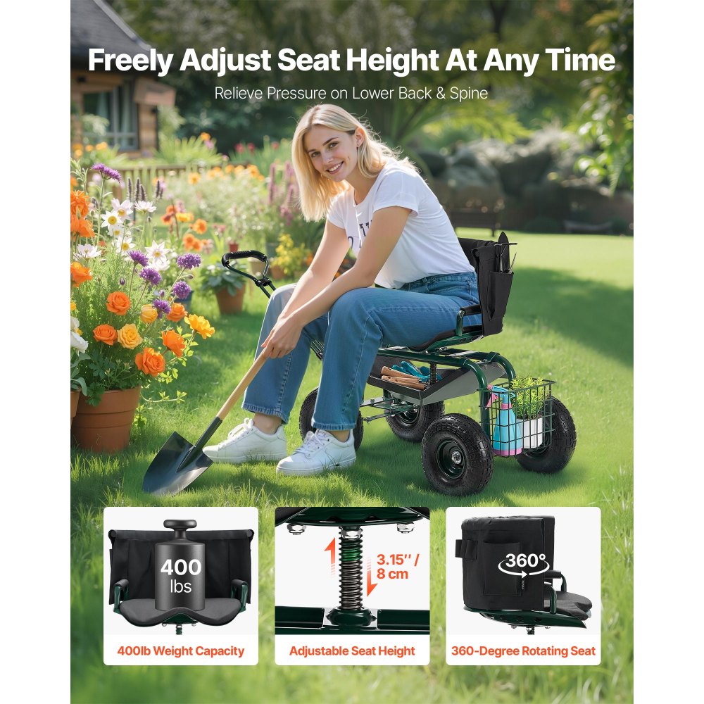 VEVOR Garden Seat with Wheels, Rolling Garden Stool with Height Adjustable & 360° Swivel Seat, 400lbs Weight Capacity, Gardening Cart Bench, Ergonomic Backrest & Tool Storage, for Garden, Yard, Patio