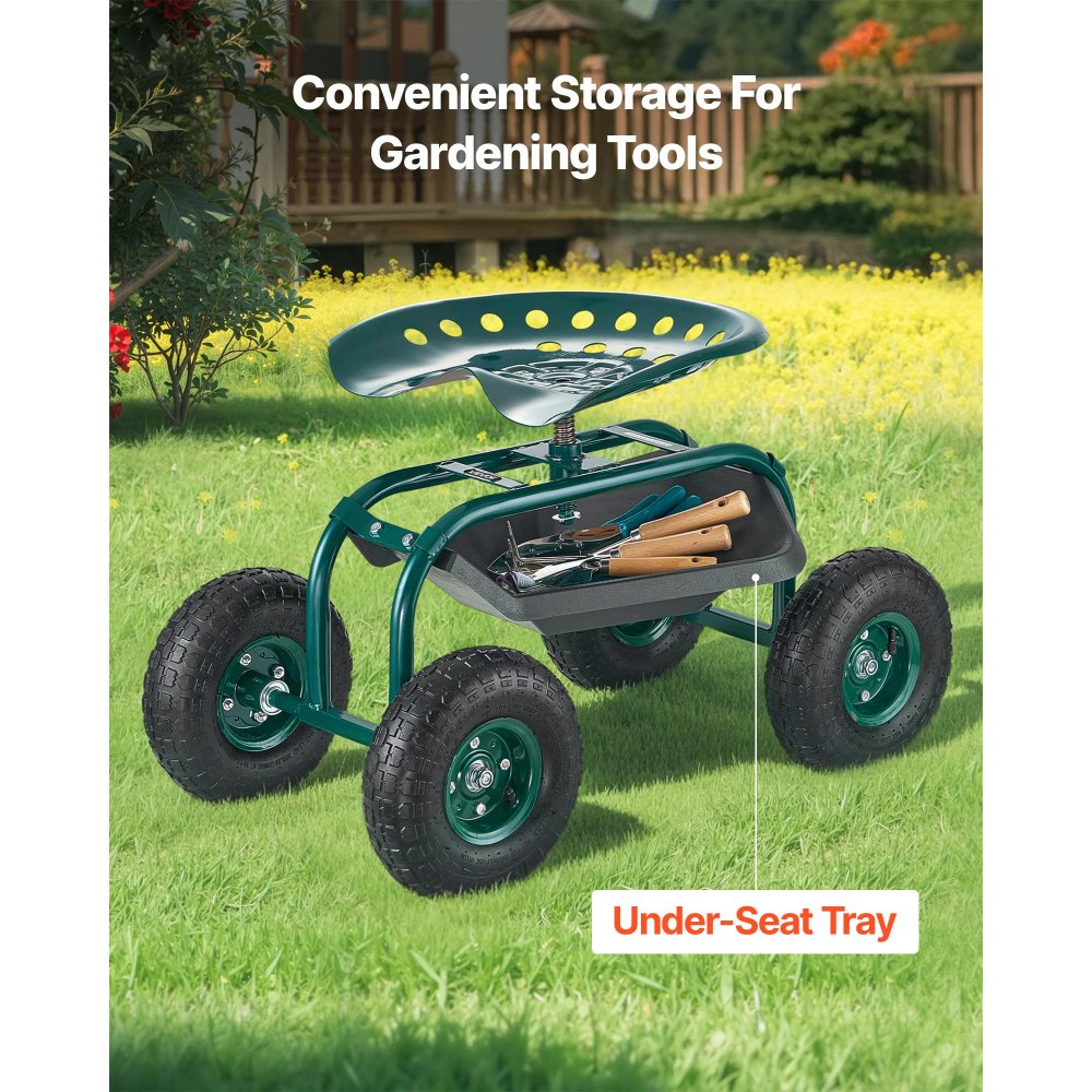 VEVOR  Rolling Garden Cart with Swivel Seat, Heavy Duty Garden Seat with Storage Basket & Tool Tray, 300 lbs Weight Capacity, Outdoor Utility Gardening Stool Scooter for Lawn Yard Planting Weeding