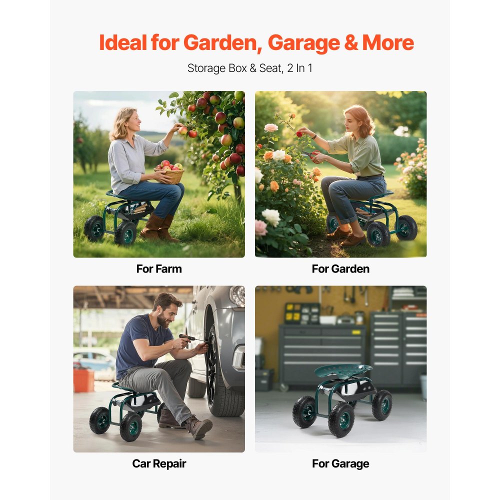 VEVOR  Rolling Garden Cart with Swivel Seat, Heavy Duty Garden Seat with Storage Basket & Tool Tray, 300 lbs Weight Capacity, Outdoor Utility Gardening Stool Scooter for Lawn Yard Planting Weeding