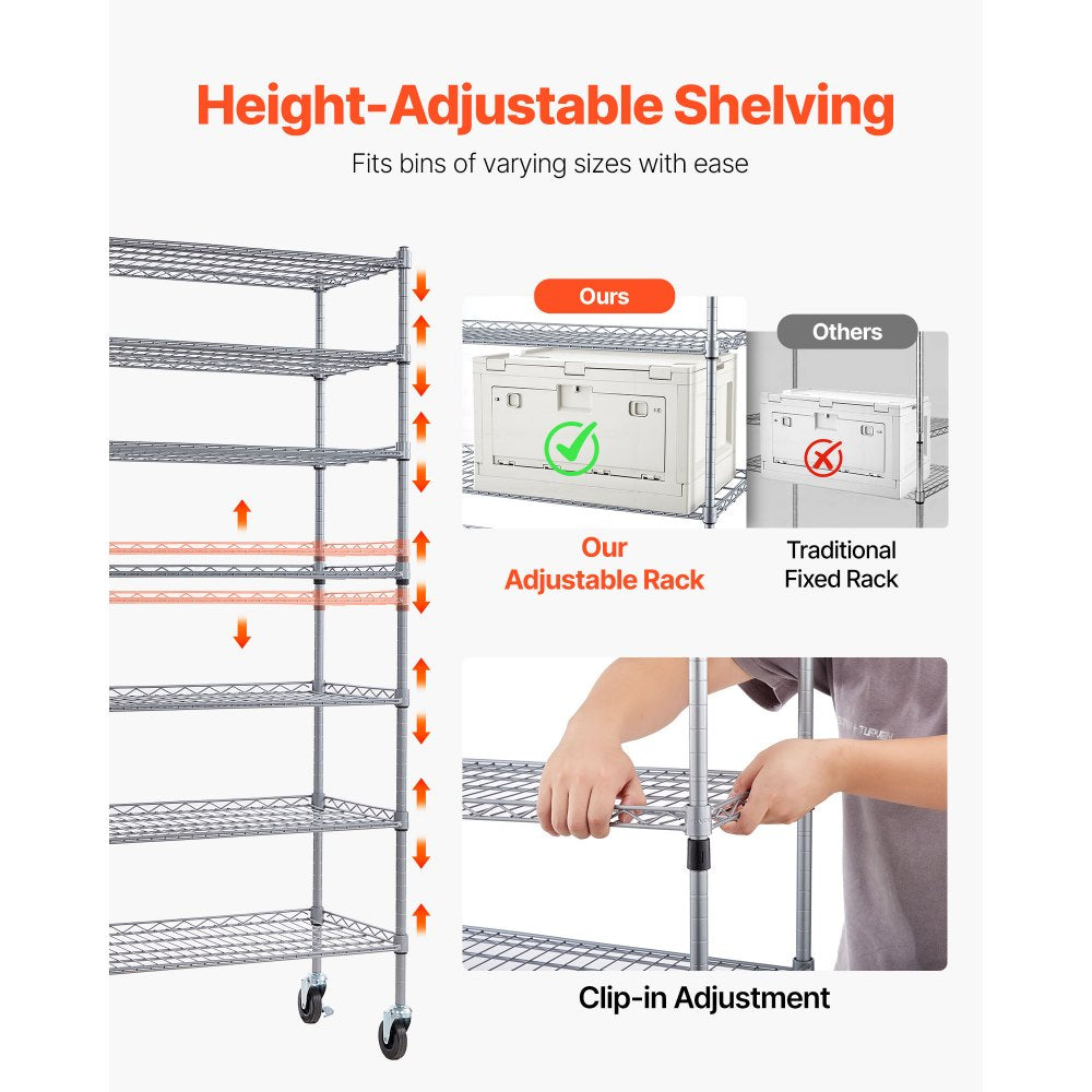 VEVOR 7-Tier Rolling Bin Storage Rack, 22 Organizer Bins, Bin Rack Storage Steel Wire Shelving System with Wheels, Mobile Tool Organizer for Garage, Warehouse, Office, Restaurant, Classroom, Kitchen