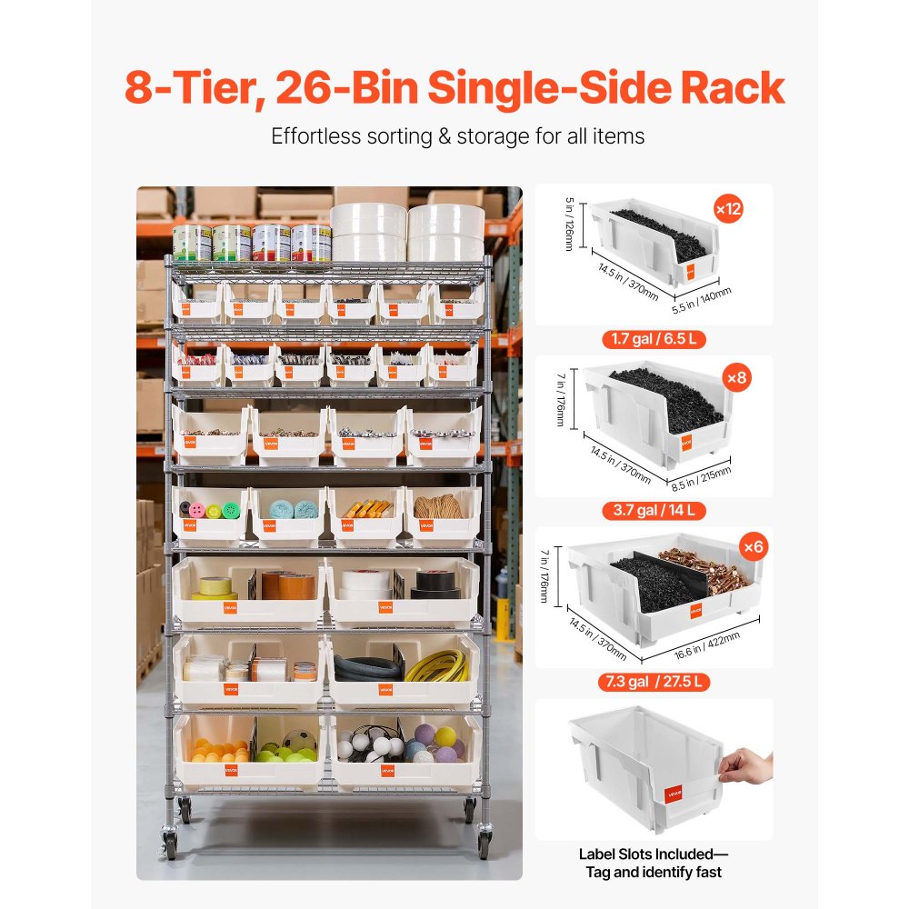 VEVOR 8-Tier Rolling Bin Storage Rack, 26 Organizer Bins, Bin Rack Storage Steel Wire Shelving System with Wheels, Mobile Tool Organizer for Garage, Warehouse, Office, Restaurant, Classroom, Kitchen