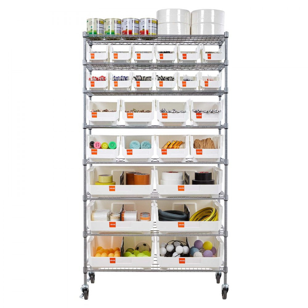 VEVOR 8-Tier Rolling Bin Storage Rack, 26 Organizer Bins, Bin Rack Storage Steel Wire Shelving System with Wheels, Mobile Tool Organizer for Garage, Warehouse, Office, Restaurant, Classroom, Kitchen