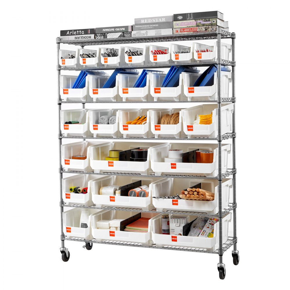 VEVOR 7-Tier Rolling Bin Storage Rack, 26 Organizer Bins, Bin Rack Storage Steel Wire Shelving System with Wheels, Mobile Tool Organizer for Garage, Warehouse, Office, Restaurant, Classroom, Kitchen