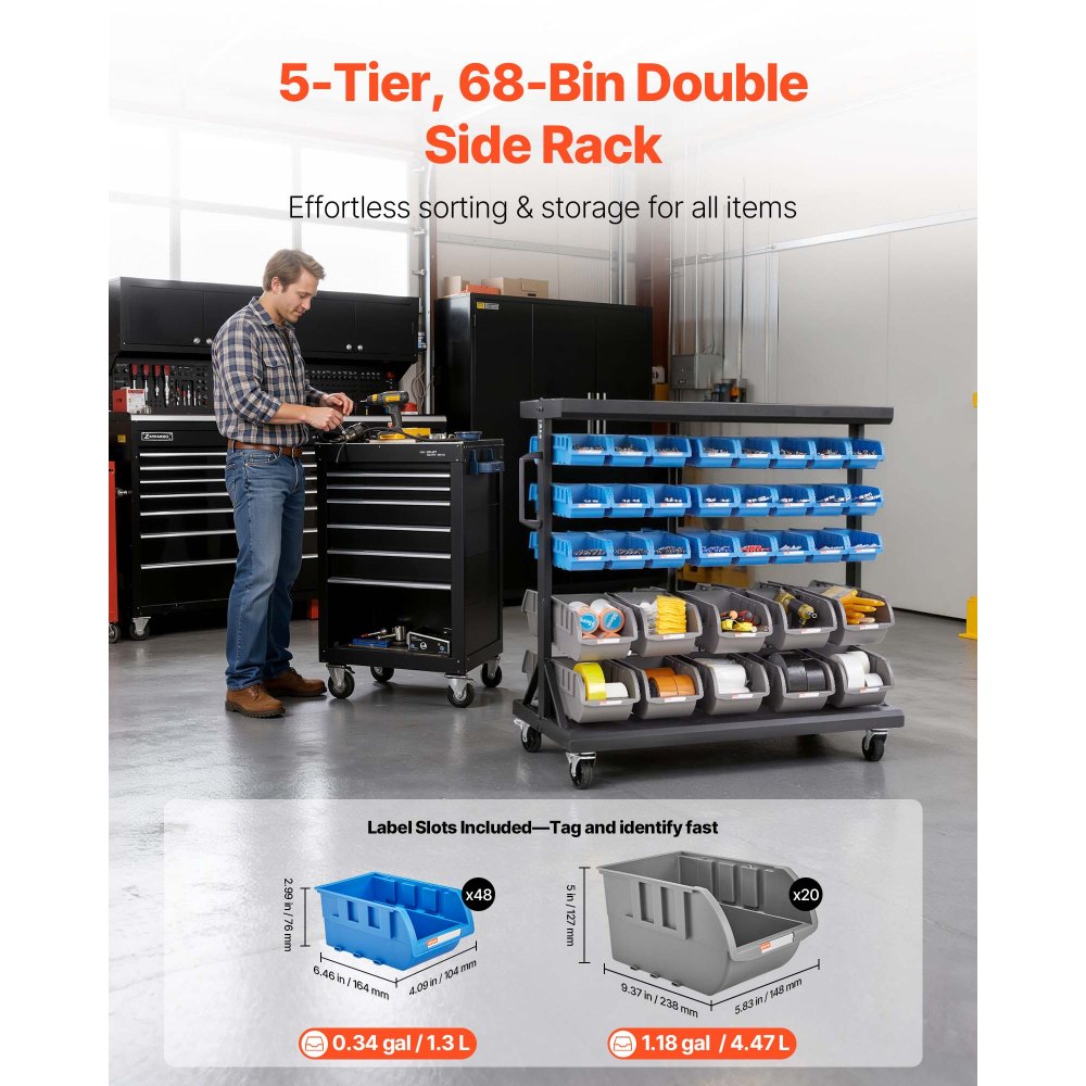 VEVOR 5-Tier Double-Sided Rolling Bin Storage Rack, 68 Organizer Bins, Dual-Sided Parts Organizer with Wheels, Mobile Tool Organizer Plastic Bins for Garage, Warehouse, Office, Restaurant, Classroom