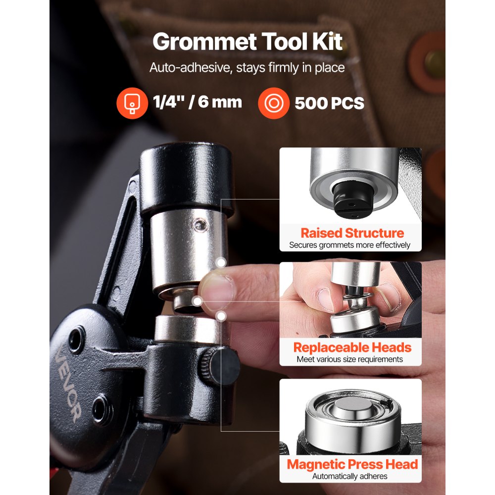 VEVOR Grommet Tool Kit, 500 PCS 1/4 Inch Metal Eyelets Grommets in Gold and Silver, Eyelet Kit with Manual Grommet Press Pliers, Hole Punch, and Block, for Leather Tarp Shoes Crafts Fabric Belt