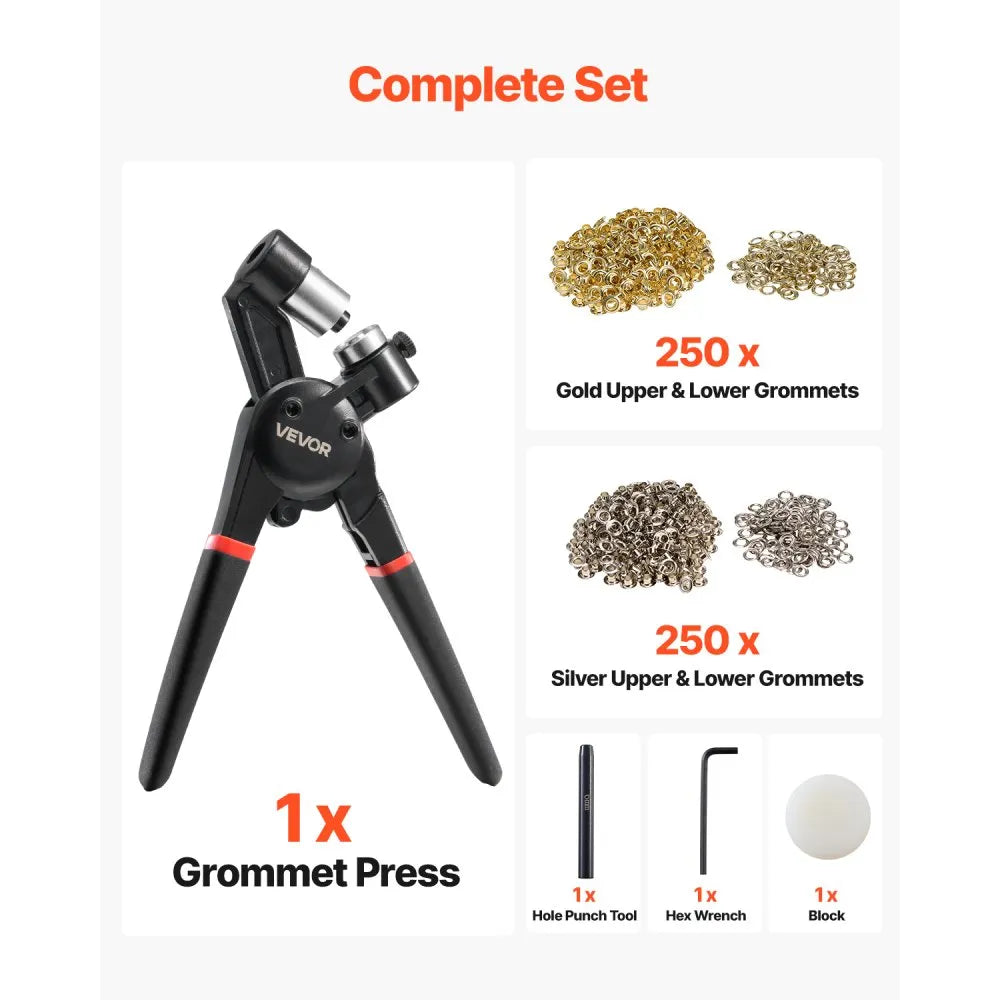 VEVOR Grommet Tool Kit, 500 PCS 1/4 Inch Metal Eyelets Grommets in Gold and Silver, Eyelet Kit with Manual Grommet Press Pliers, Hole Punch, and Block, for Leather Tarp Shoes Crafts Fabric Belt