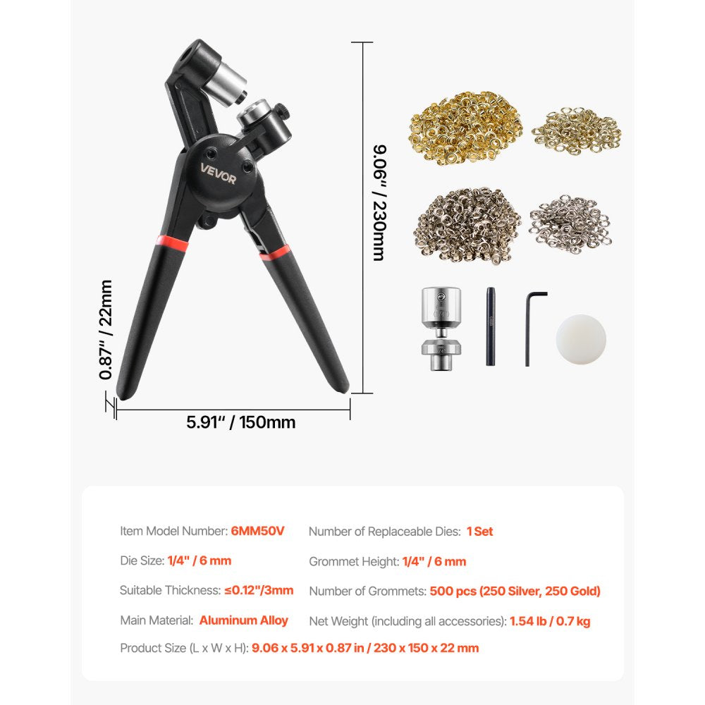 VEVOR Grommet Tool Kit, 500 PCS 1/4 Inch Metal Eyelets Grommets in Gold and Silver, Eyelet Kit with Manual Grommet Press Pliers, Hole Punch, and Block, for Leather Tarp Shoes Crafts Fabric Belt