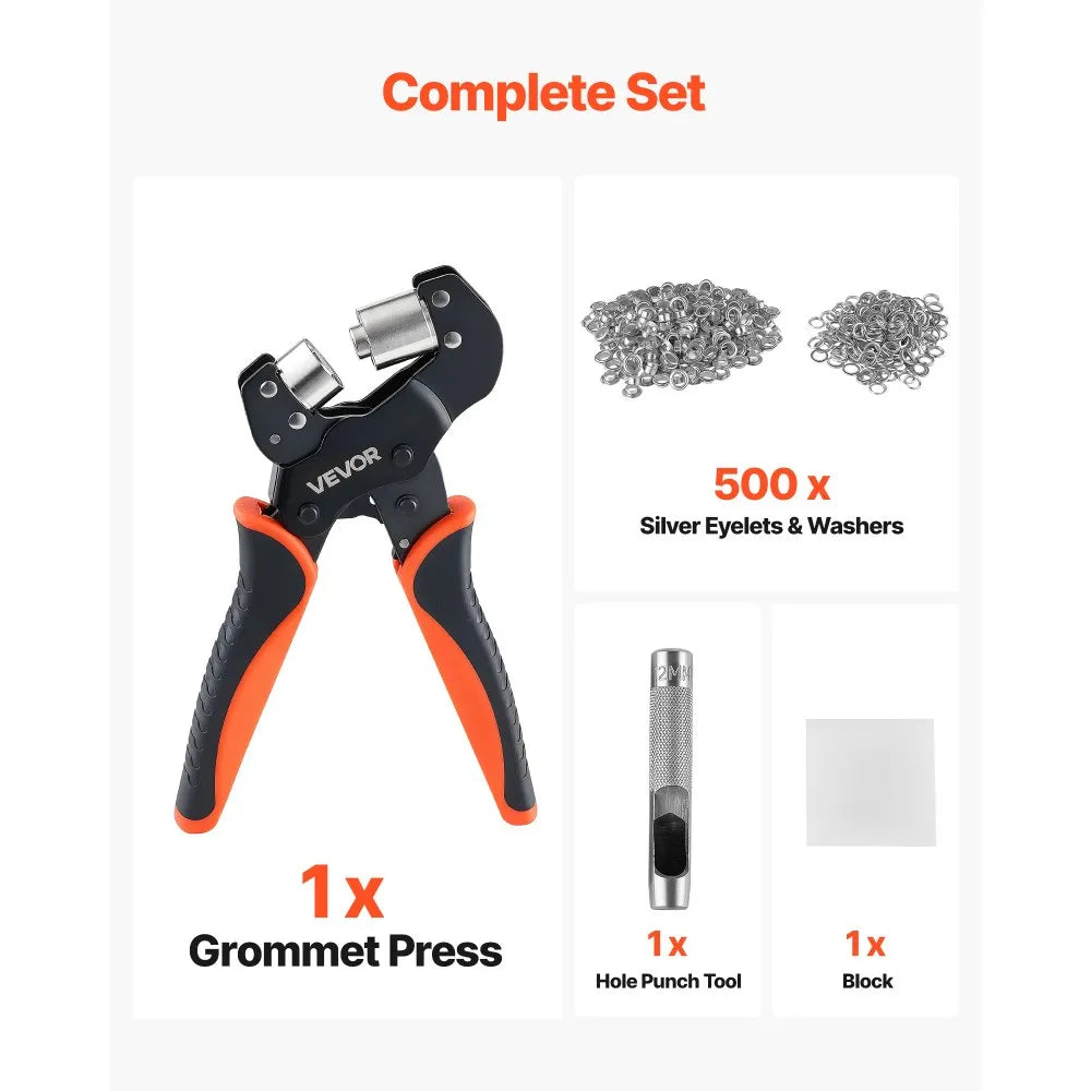 VEVOR Grommet Tool Kit 1/2" Eyelet Tool Kit with 500 PCS Silver Grommets, with Eyelets and Washers, Manual Grommet Press Pliers, Hole Punch, and Block, for Leather, Tarps, Shoes, Crafts, and Fabric