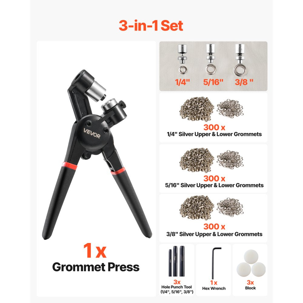 VEVOR Grommet Tool Kit, 900 PCS 1/4 Inch 5/16 Inch 3/8 Inch Multi Size Metal Eyelets Grommets, Eyelet Kit with Manual Grommet Press Pliers, Hole Punch, and Block, for Leather Tarp Shoes Crafts Fabric