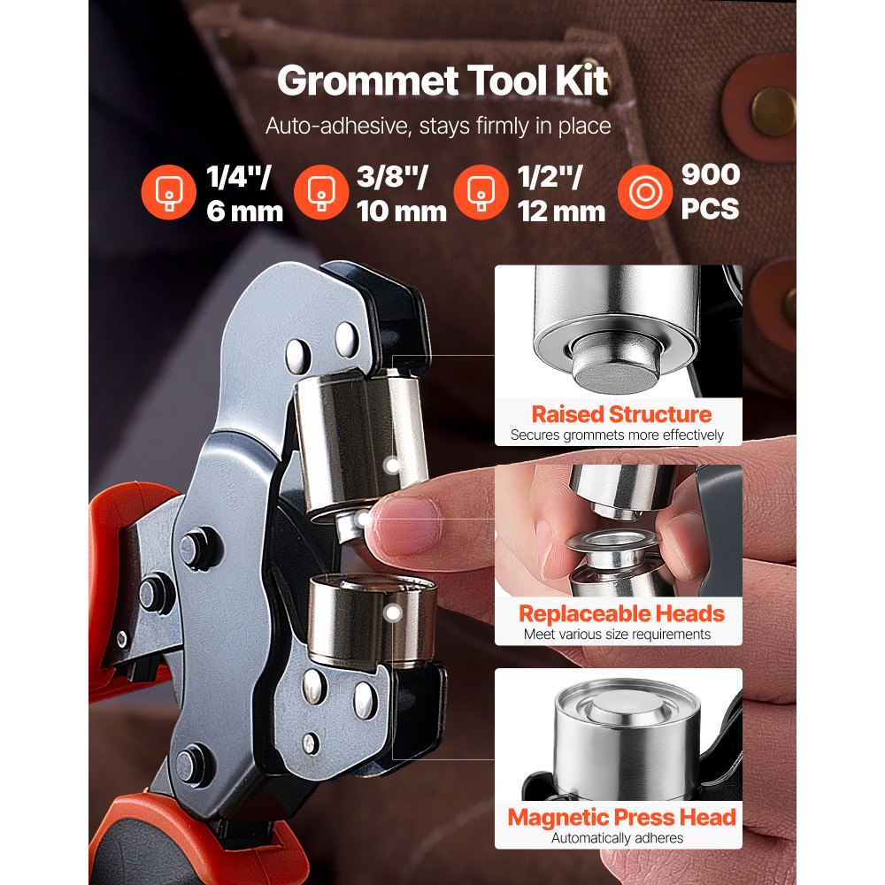 VEVOR Grommet Tool Kit 1/4" 3/8" 1/2" 900 PCS Grommets Eyelet Tool Kit, with Eyelets and Washers, Manual Grommet Press Pliers, Hole Punch Tools, Blocks, for Leather, Tarps, Shoes, Crafts, Fabric