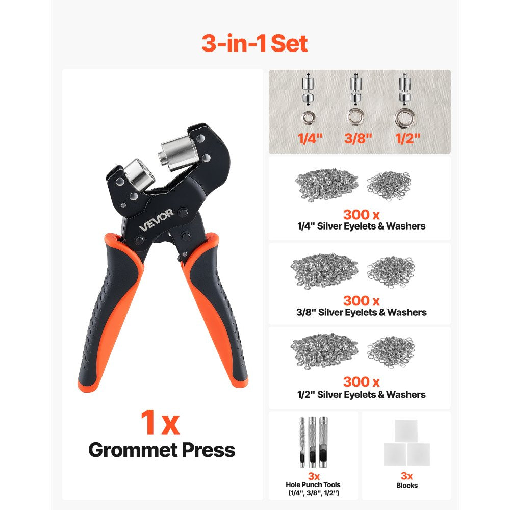VEVOR Grommet Tool Kit 1/4" 3/8" 1/2" 900 PCS Grommets Eyelet Tool Kit, with Eyelets and Washers, Manual Grommet Press Pliers, Hole Punch Tools, Blocks, for Leather, Tarps, Shoes, Crafts, Fabric