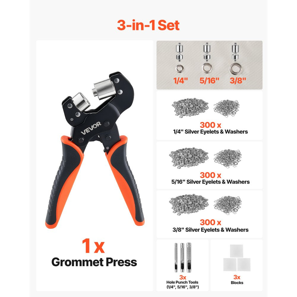 VEVOR Grommet Tool Kit 1/4" 5/16" 3/8" 900 PCS Grommets Eyelet Tool Kit, with Eyelets and Washers, Manual Grommet Press Pliers, Hole Punch Tools, Blocks, for Leather, Tarps, Shoes, Crafts, Fabric