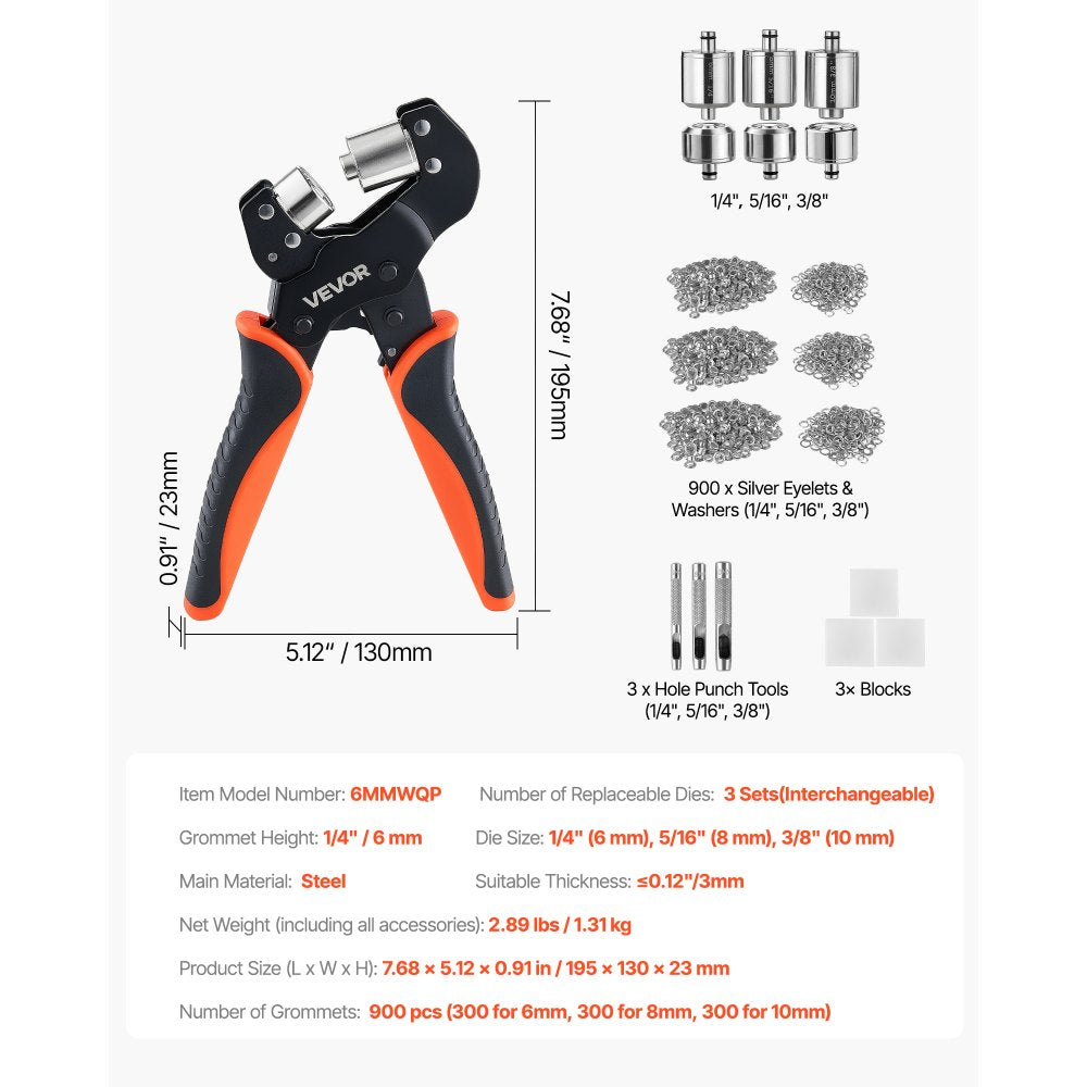VEVOR Grommet Tool Kit 1/4" 5/16" 3/8" 900 PCS Grommets Eyelet Tool Kit, with Eyelets and Washers, Manual Grommet Press Pliers, Hole Punch Tools, Blocks, for Leather, Tarps, Shoes, Crafts, Fabric