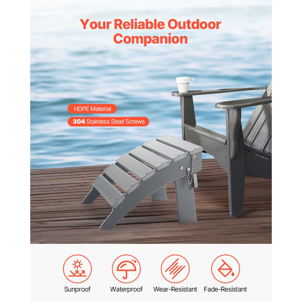 VEVOR Adirondack Ottoman, 16.9L x 18.9W x 13H Inch HDPE Plastic Folding Adirondack Ottoman, Weather-Resistant Foot Rest for Adirondack Chair, Widely Used for Outside Porch Pool Lawn Backyard, Gray