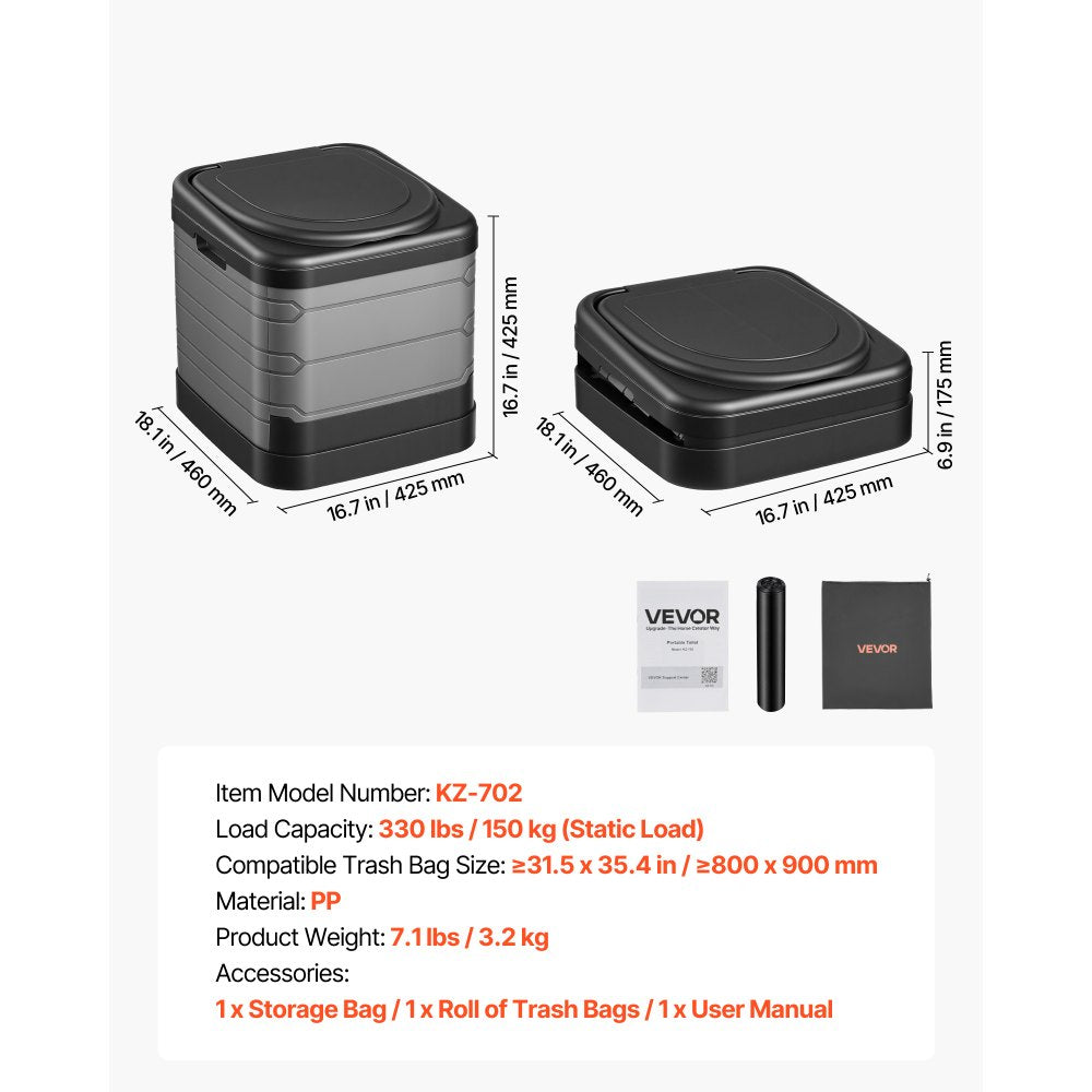 VEVOR Portable Toilet, 330 lbs Load Capacity, Folding Camping Toilet for Adults, Outdoor Travel Potty with Carry Bag, Trash Bags, Suitable for Home Use, RV Travel, Camping, Hiking, Boating, Car, Trips