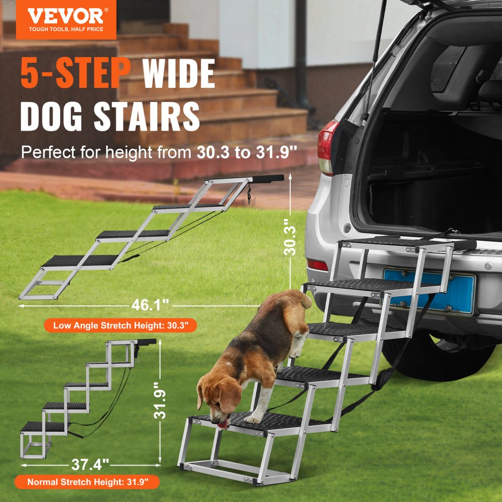 VEVOR Dog Stair for Cars, Wide 5-step Dog Car Steps, Folding Dog Car Ramp with Nonslip Surface, Portable Pet Steps Lightweight Aluminum for Car, SUV and Truck, Supports up to 150 lbs