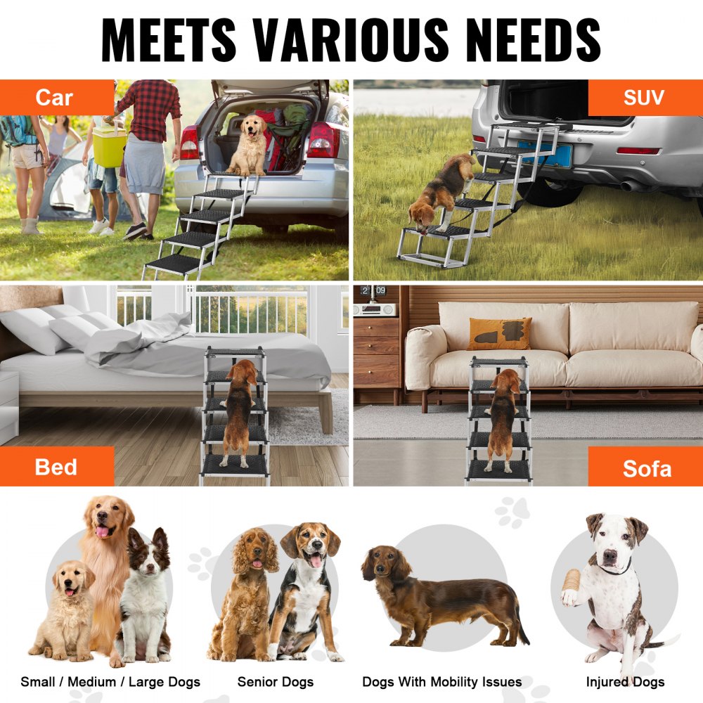 VEVOR Dog Stair for Cars, Wide 5-step Dog Car Steps, Folding Dog Car Ramp with Nonslip Surface, Portable Pet Steps Lightweight Aluminum for Car, SUV and Truck, Supports up to 150 lbs