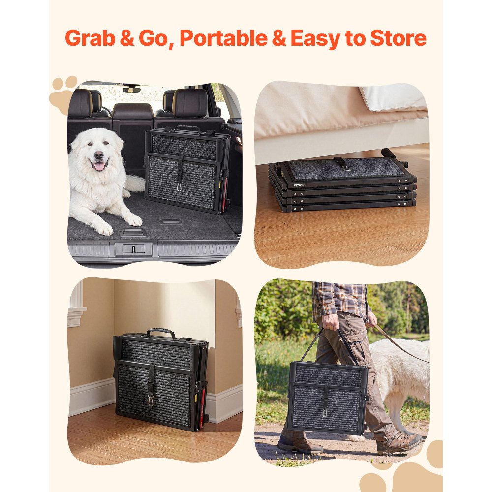 VEVOR Dog Stairs for Car, 4 Steps Extra Wide Foldable Dog Ramp for Large Dogs with Non-Slip Rug Surface, Portable Lightweight Pet Ladder for Car, SUV, Truck, High Beds, Sofas, Support up to 400 lbs