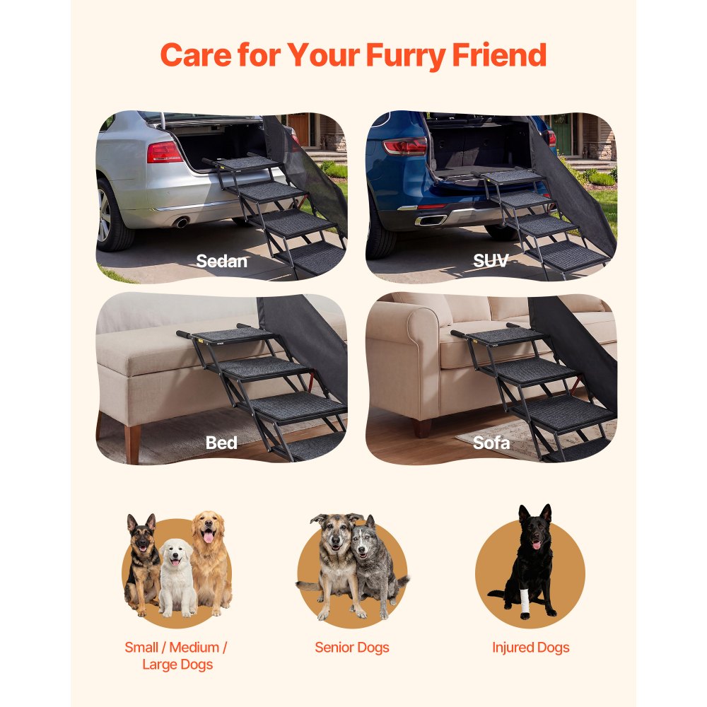 VEVOR Dog Stairs for Car, 4 Steps Extra Wide Foldable Dog Ramp for Large Dogs with Non-Slip Rug Surface, Portable Lightweight Pet Ladder for Car, SUV, Truck, High Beds, Sofas, Support up to 400 lbs