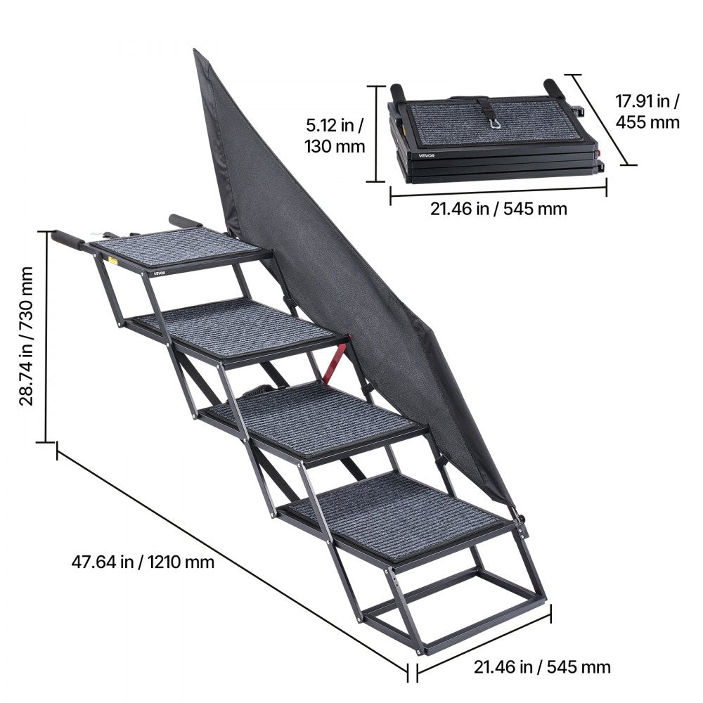 VEVOR Dog Stairs for Car, 4 Steps Extra Wide Foldable Dog Ramp for Large Dogs with Non-Slip Rug Surface, Portable Lightweight Pet Ladder for Car, SUV, Truck, High Beds, Sofas, Support up to 400 lbs