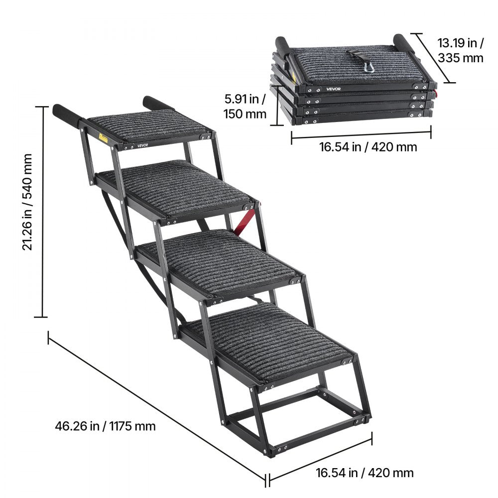 VEVOR Dog Stairs for Car, 4 Steps Extra Wide Foldable Dog Ramp for Large Dogs with Non-Slip Rug Surface, Portable Lightweight Pet Ladder for Car, SUV, Truck, High Beds, Sofas, Support up to 200 lbs