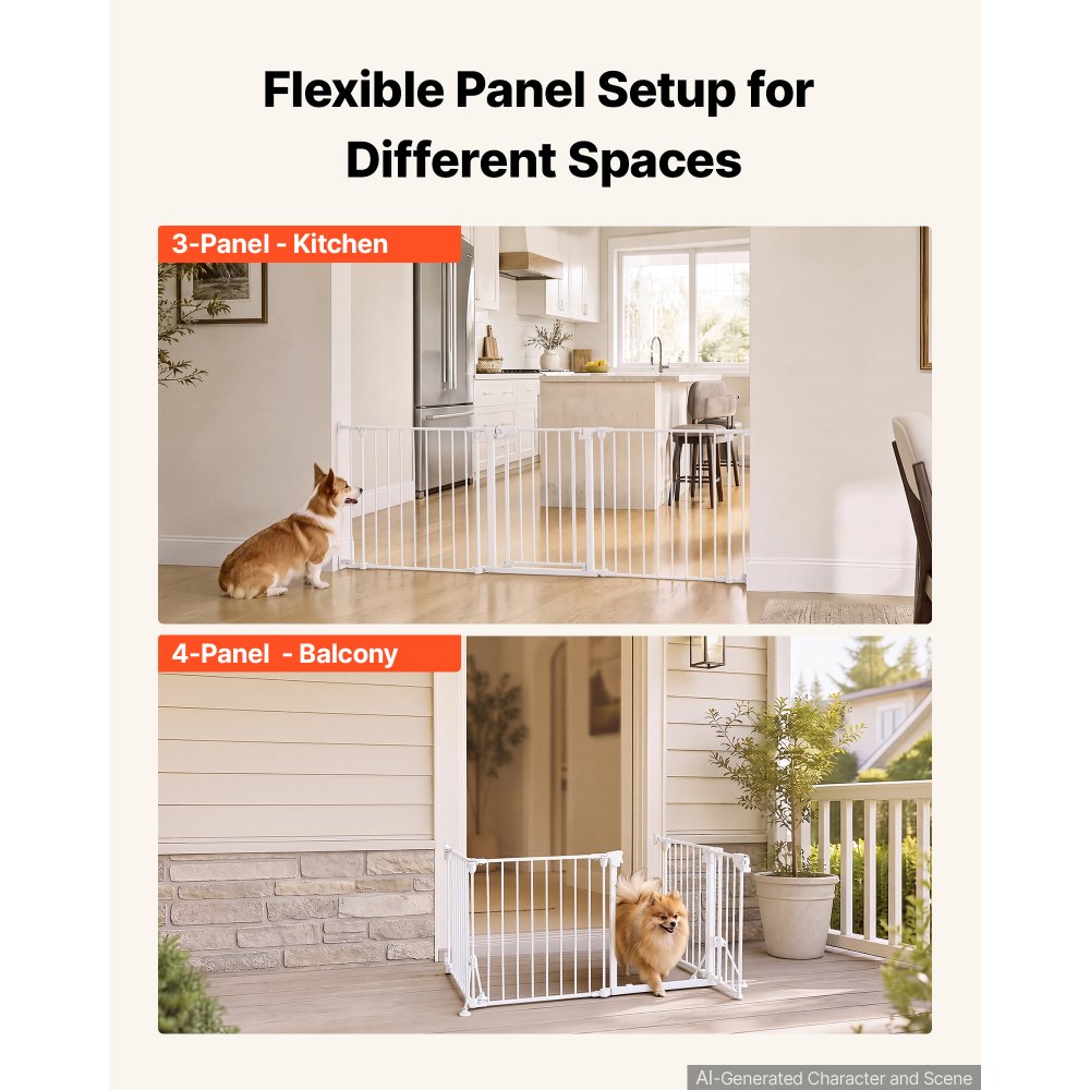 VEVOR Freestanding Dog Gate 24" Tall 4-Panel Foldable Metal Pet Gate White, For Stairs Doorways, Dual-Triangle Support, Sturdy Metal Construction, Freestanding or Wall Mount, Flexible Shapes, Easy Fit