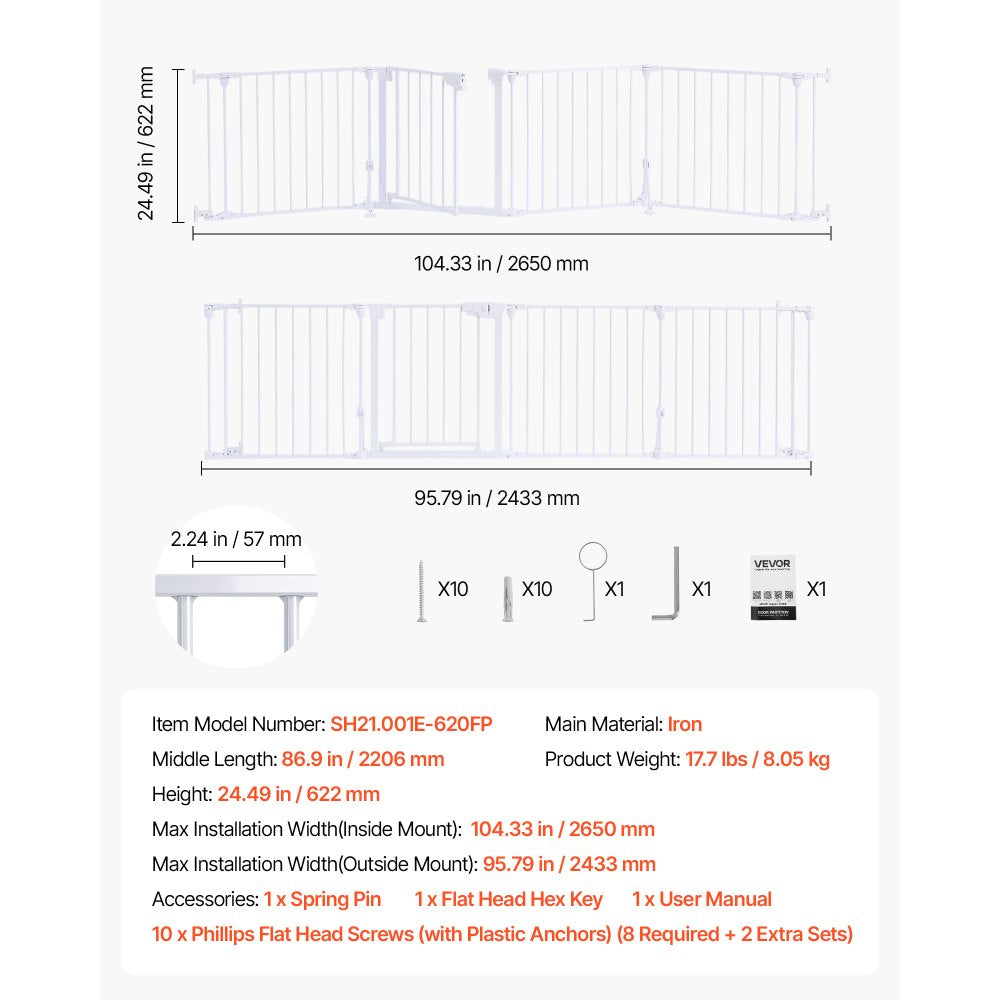 VEVOR Freestanding Dog Gate 24" Tall 4-Panel Foldable Metal Pet Gate White, For Stairs Doorways, Dual-Triangle Support, Sturdy Metal Construction, Freestanding or Wall Mount, Flexible Shapes, Easy Fit