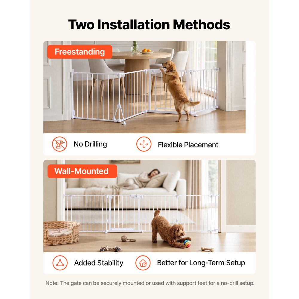 VEVOR Freestanding Dog Gate 24" Tall 4-Panel Foldable Metal Pet Gate White, For Stairs Doorways, Dual-Triangle Support, Sturdy Metal Construction, Freestanding or Wall Mount, Flexible Shapes, Easy Fit