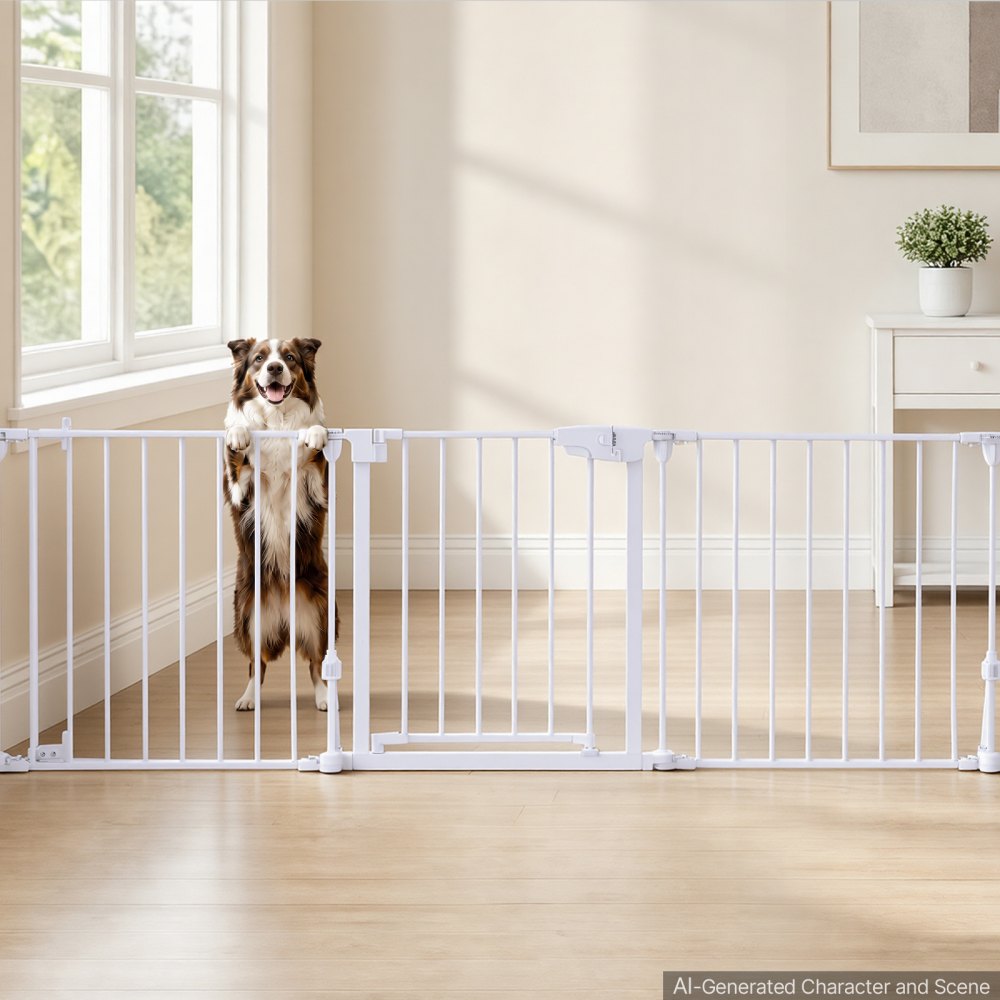 VEVOR Freestanding Dog Gate 24" Tall 4-Panel Foldable Metal Pet Gate White, For Stairs Doorways, Dual-Triangle Support, Sturdy Metal Construction, Freestanding or Wall Mount, Flexible Shapes, Easy Fit