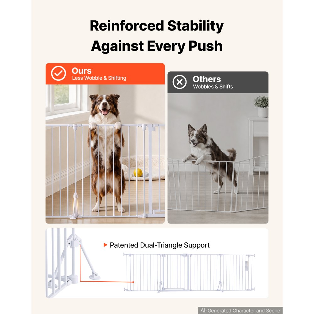VEVOR Freestanding Dog Gate 30" Tall 4-Panel Foldable Metal Pet Gate White, For Stairs Doorways, Dual-Triangle Support, Sturdy Metal Construction, Freestanding or Wall Mount, Flexible Shapes, Easy Fit