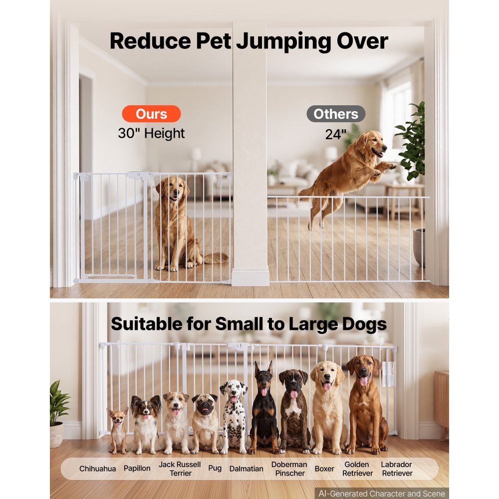 VEVOR Freestanding Dog Gate 30" Tall 4-Panel Foldable Metal Pet Gate White, For Stairs Doorways, Dual-Triangle Support, Sturdy Metal Construction, Freestanding or Wall Mount, Flexible Shapes, Easy Fit
